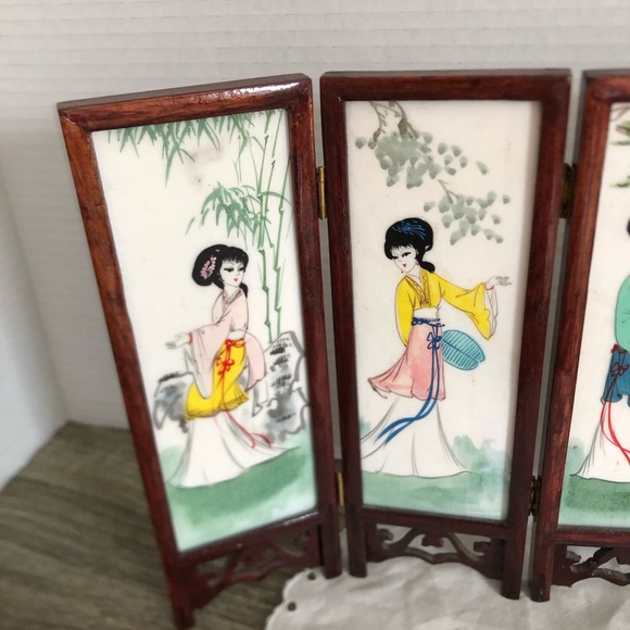 Vtg Hand Painted Asian Folding Tabletop Divider - Picture 2 of 15